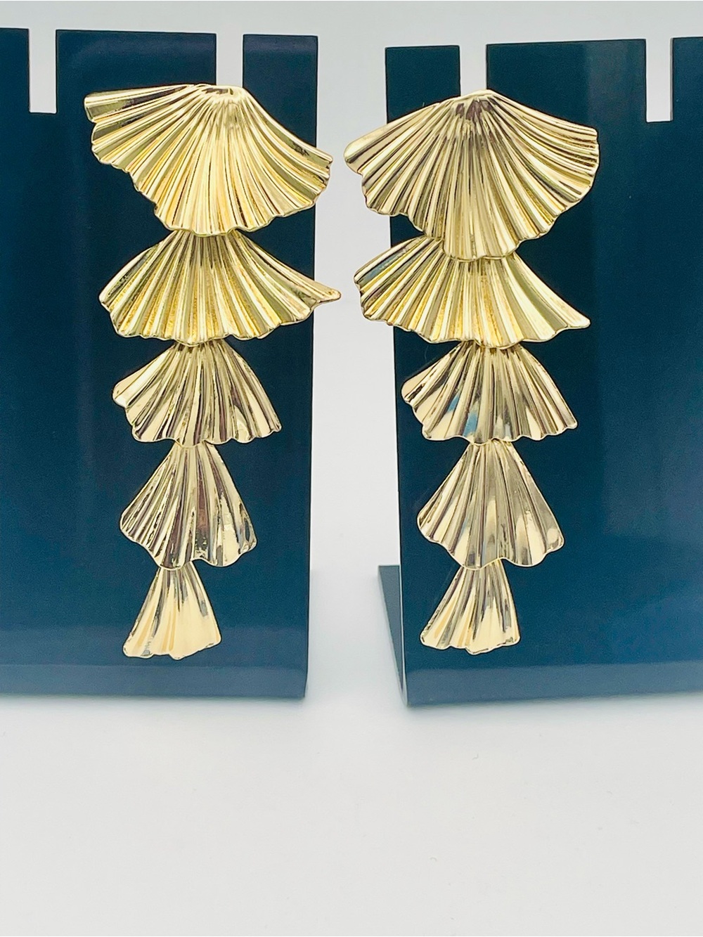 Gold Tone Tiered Fan or Seashell Drop Dangle Earrings -Pierced. Statement